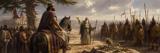 King Amaziah facing Israel’s army while a crushed thistle lies beneath a cedar